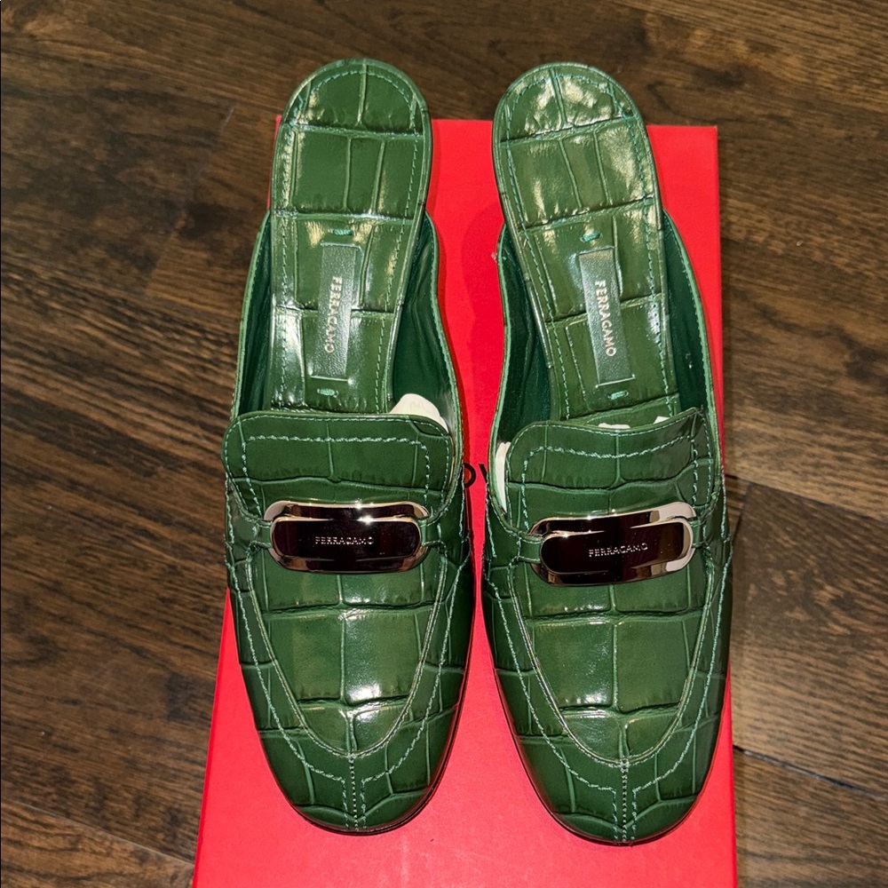 Salvatore Ferragamo Green Croc-Embossed Leather Loafer Mules